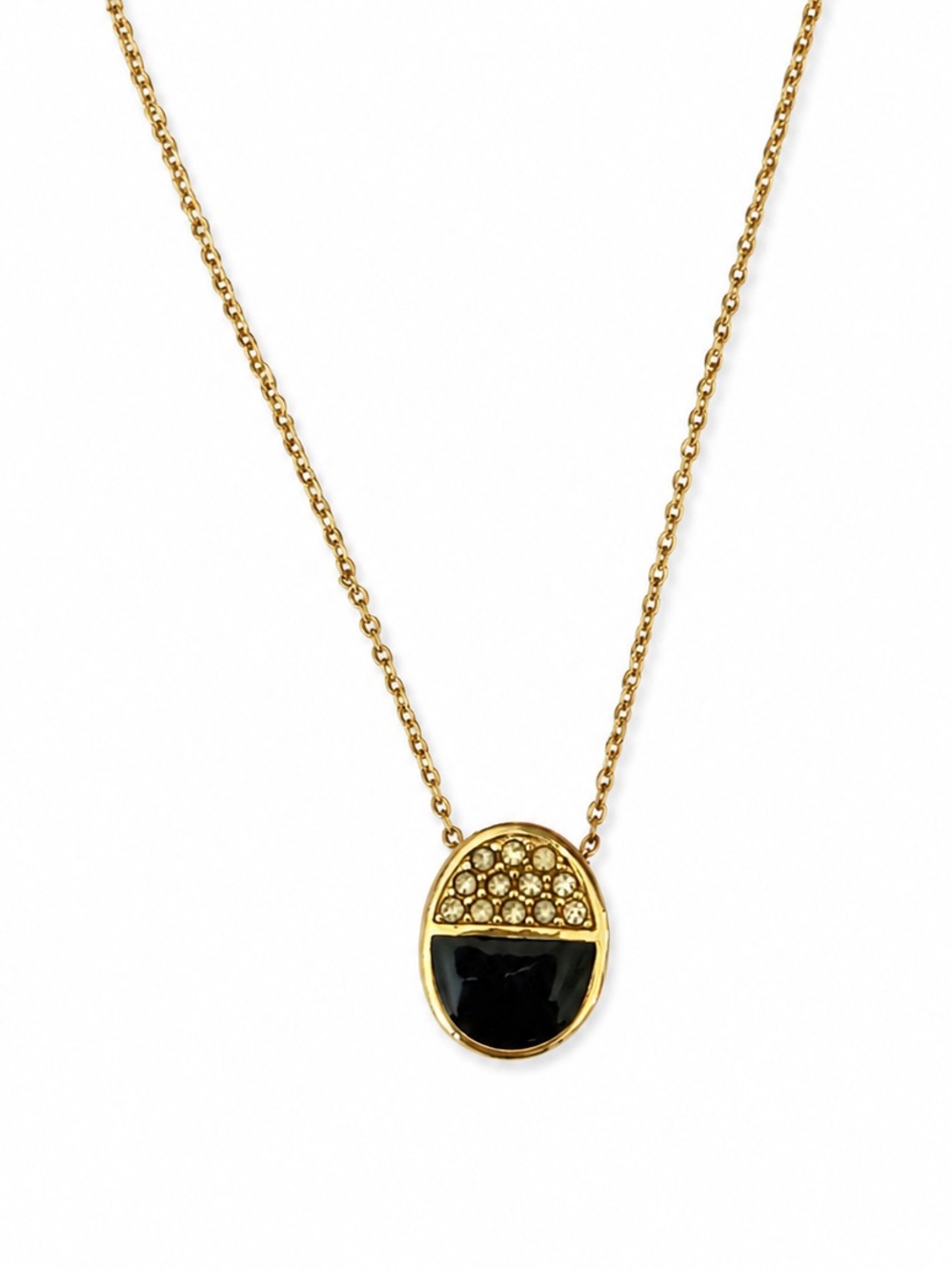Vintage 1993 Givenchy Black Enamel Rhinestone Pendant Necklace Gold Tone